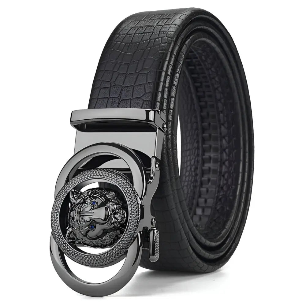 Black leather belt with decorative tiger buckle for stylish accessory
