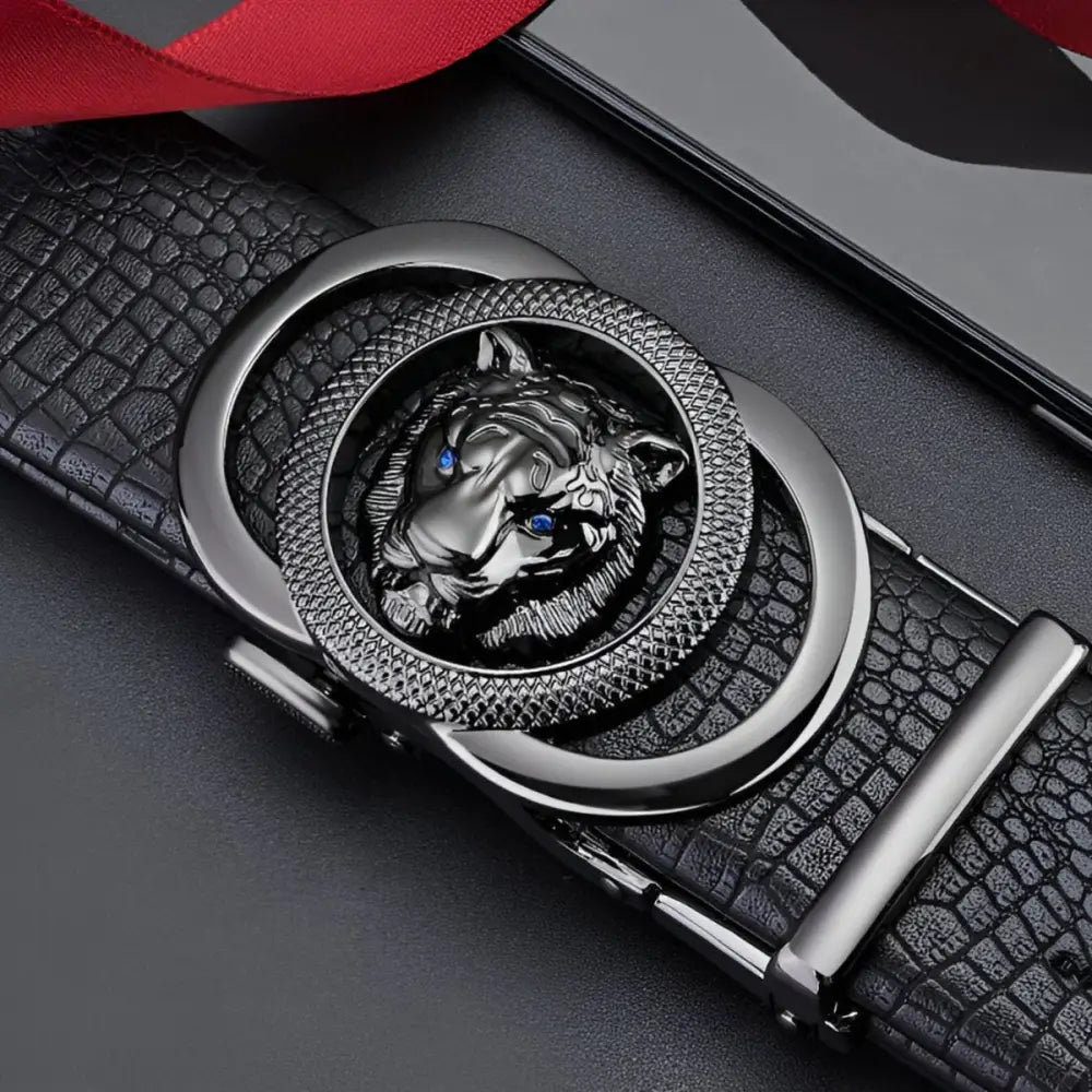 Black leather belt with striking tiger-shaped buckle for stylishAccessorizing