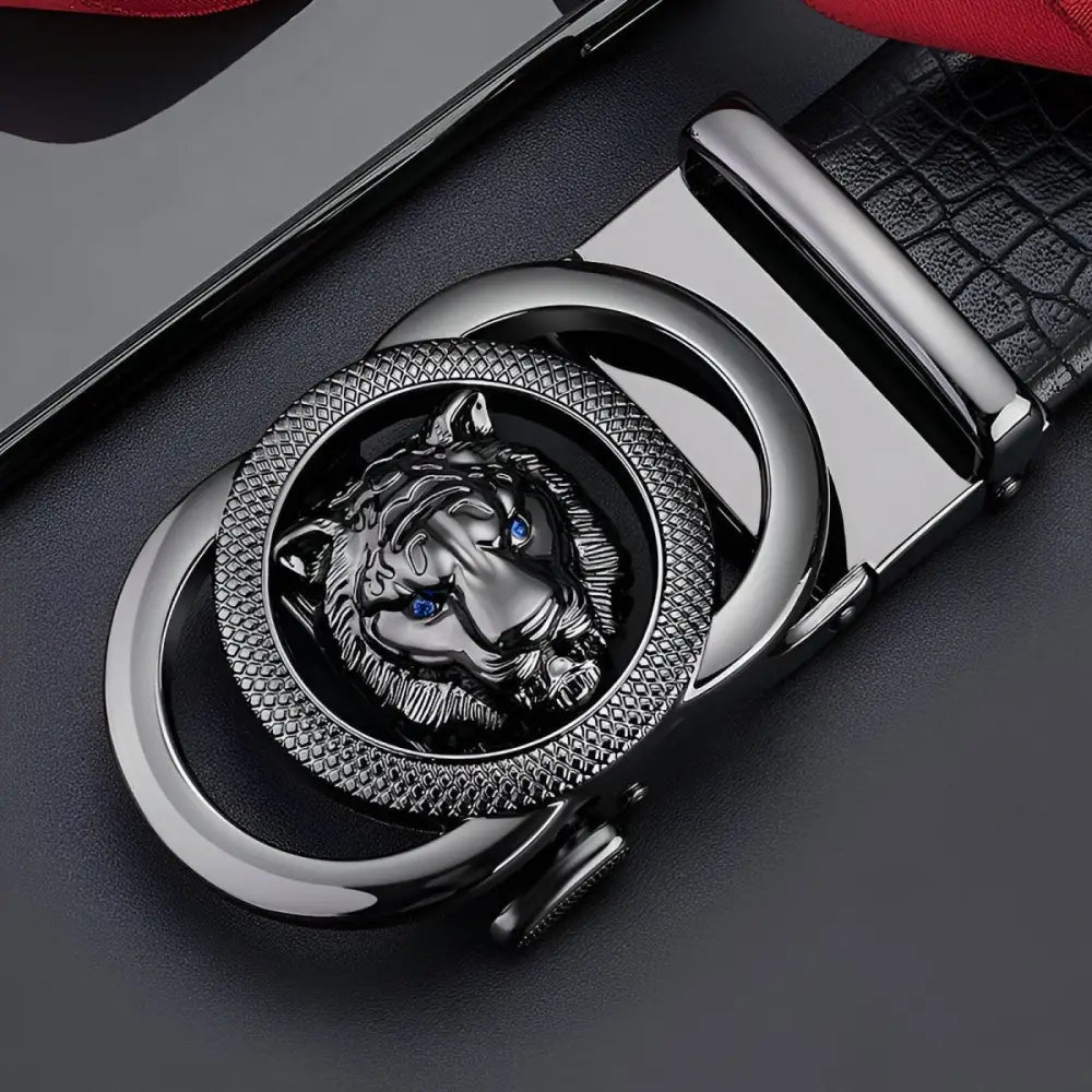 Black leather belt with a bold tiger-shaped buckle for stylish accessories