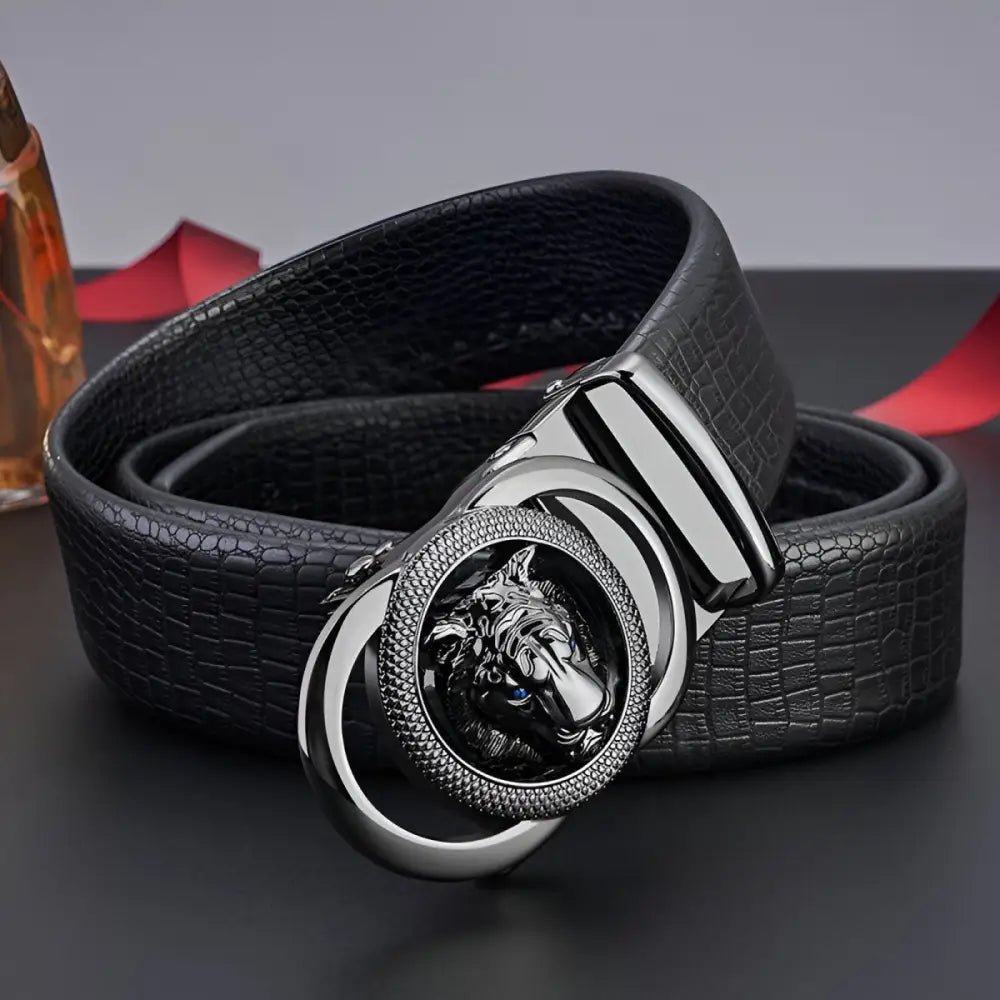 Black leather belt with a bold tiger-shaped buckle, stylish accessory for men and women