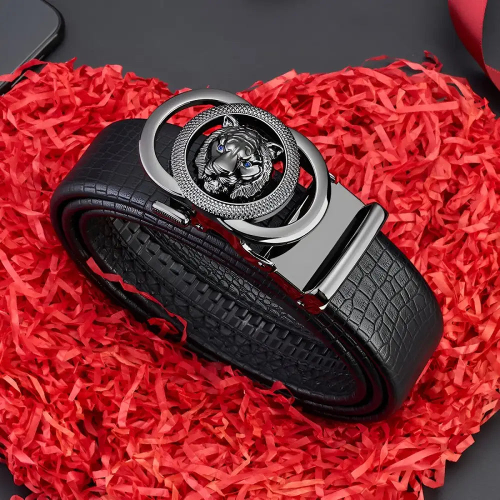 Black leather belt with a striking tiger-shaped buckle for a bold fashion statement
