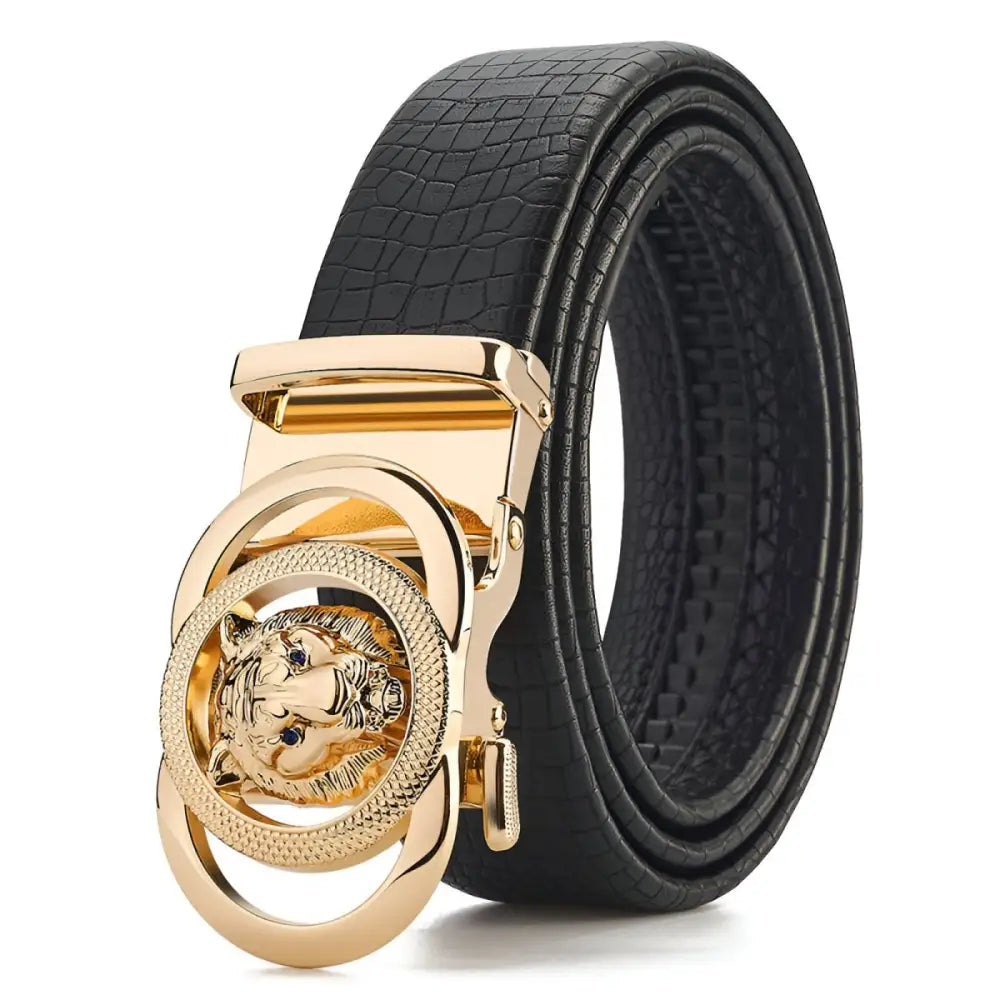 Black leather belt with a gold tiger-shaped buckle for stylish accessories