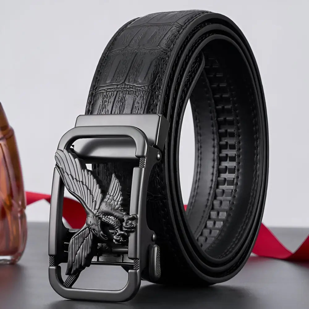 Black leather belt featuring a detailed eagle buckle for stylish accessories