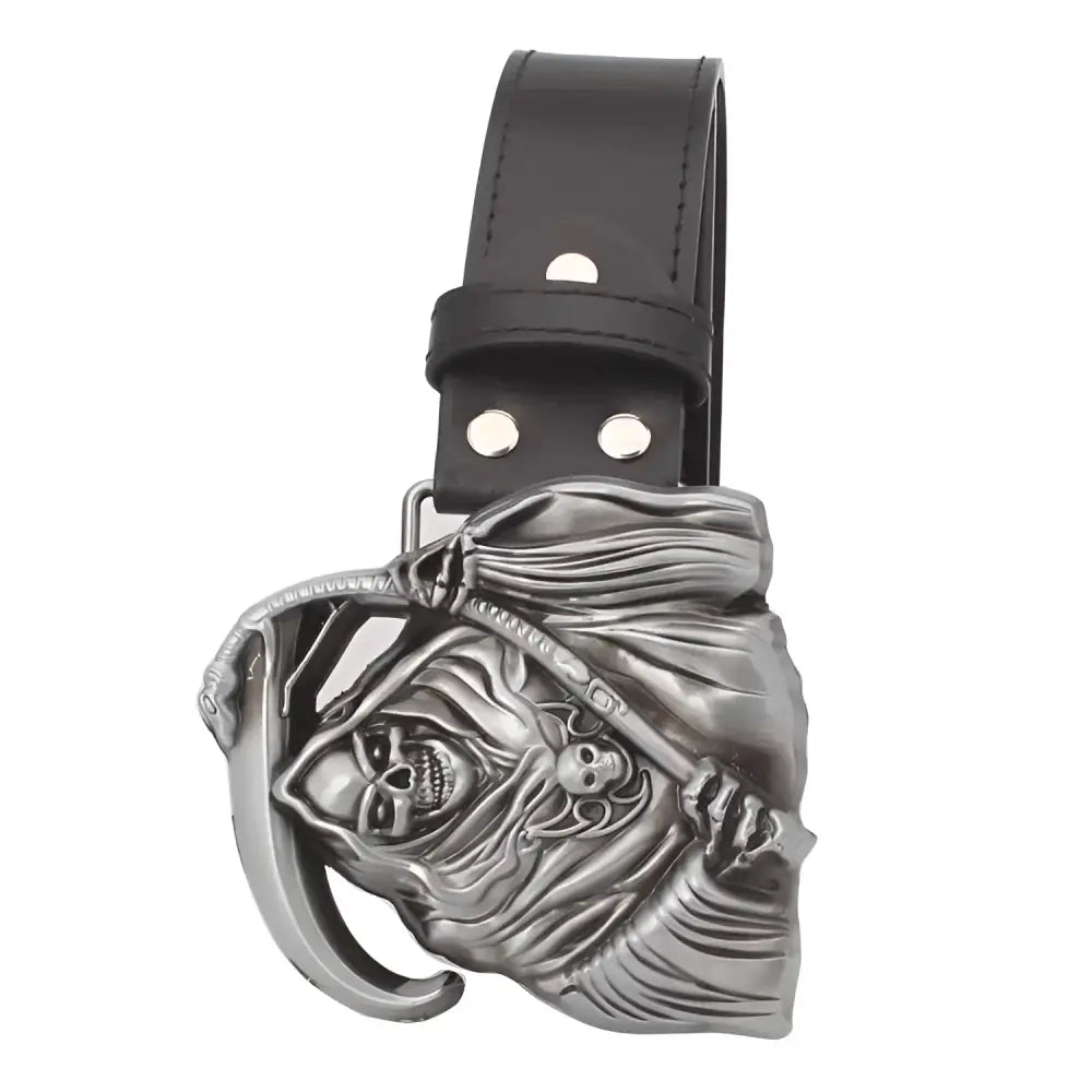 Black leather belt with Grim Reaper buckle featuring Nash Model Scythe design