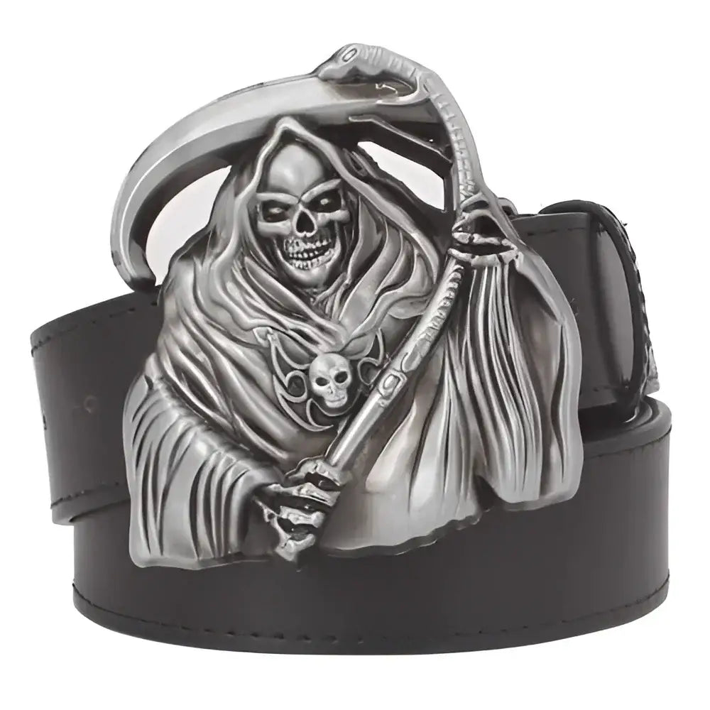 Black Leather Belt with Nash Model Scythe Grim Reaper Buckle for stylish accessories