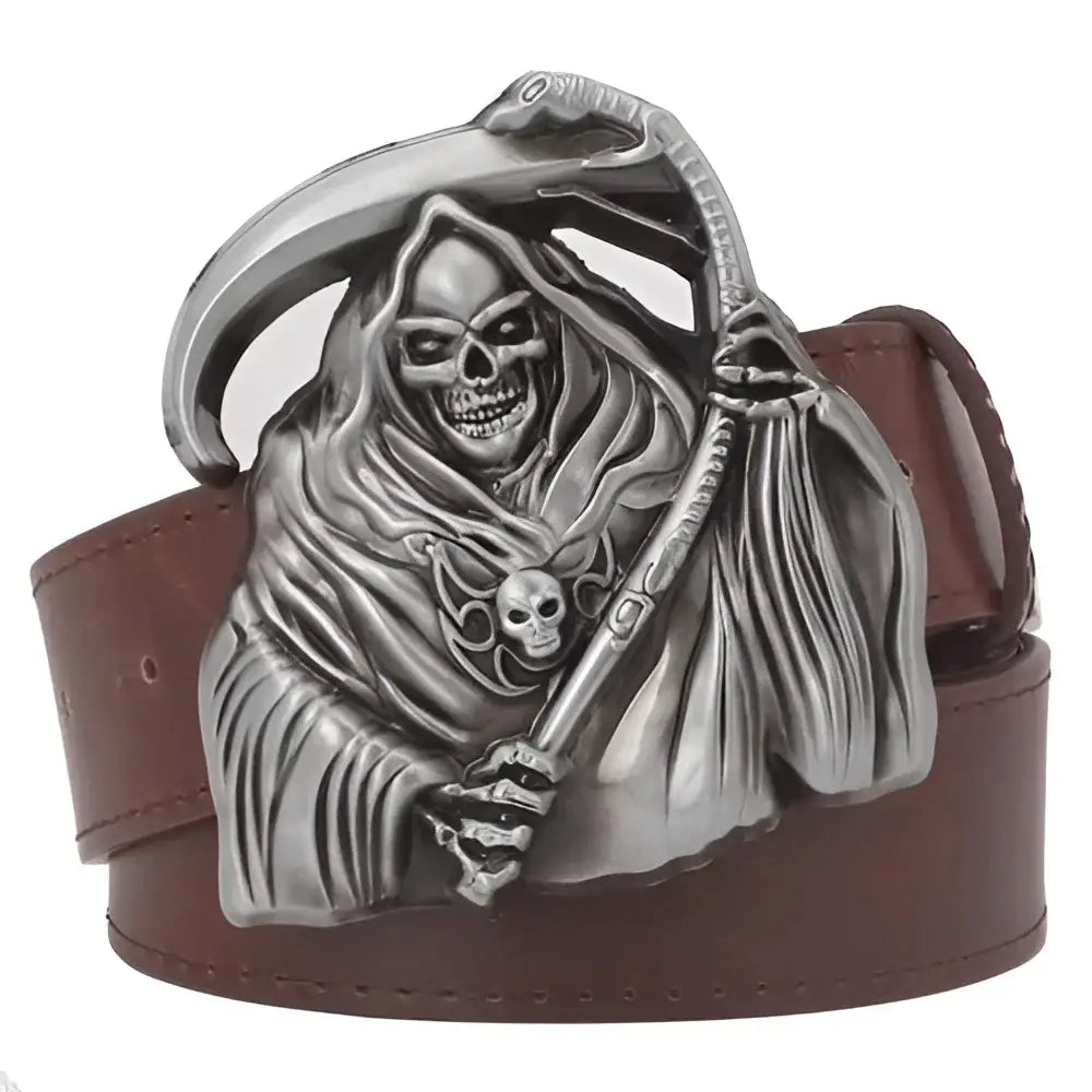 Brown leather belt with Nash Model Scythe Grim Reaper Buckle for model scythe belt
