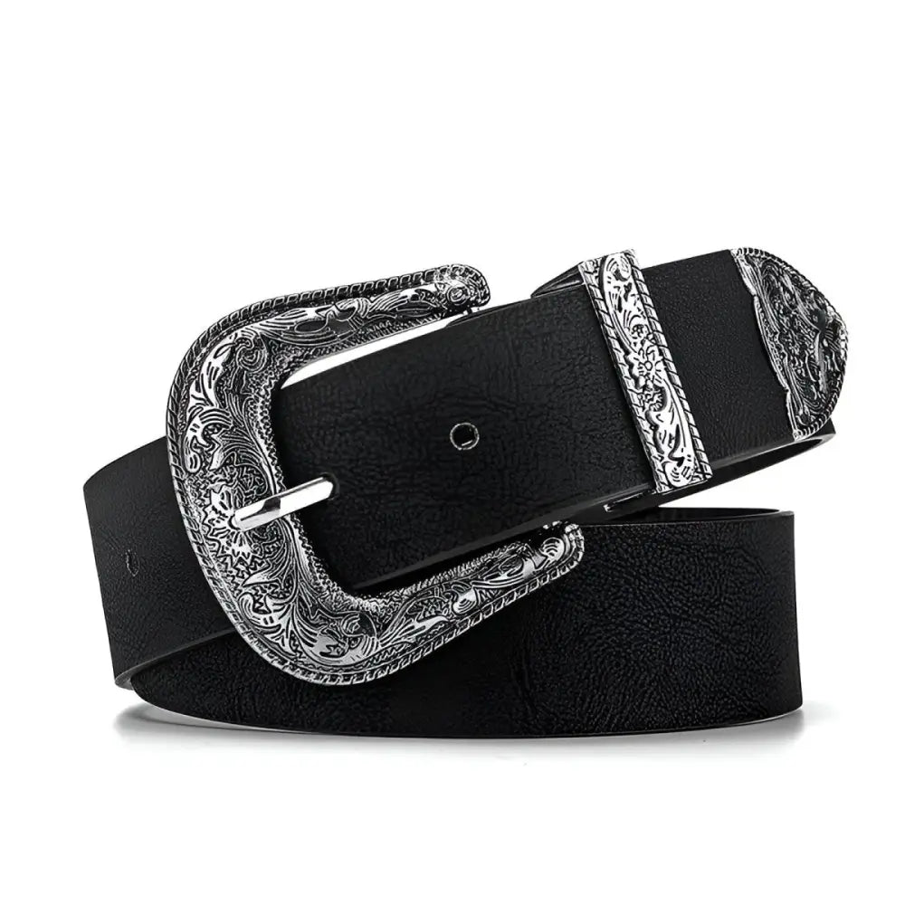 Black leather belt featuring an ornate silver buckle for elegant fashion display