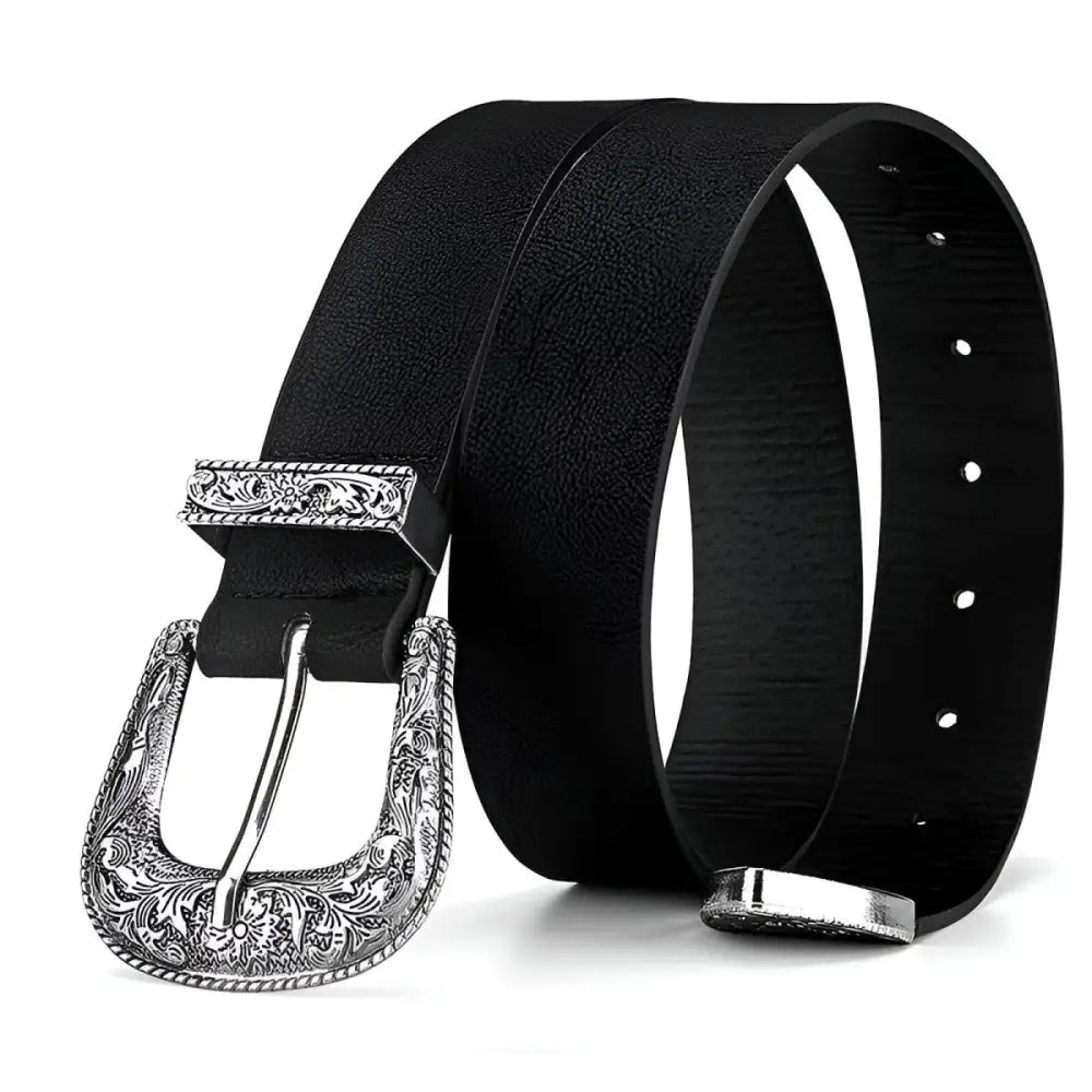 Black leather belt featuring an ornate silver buckle for a stylish accessory