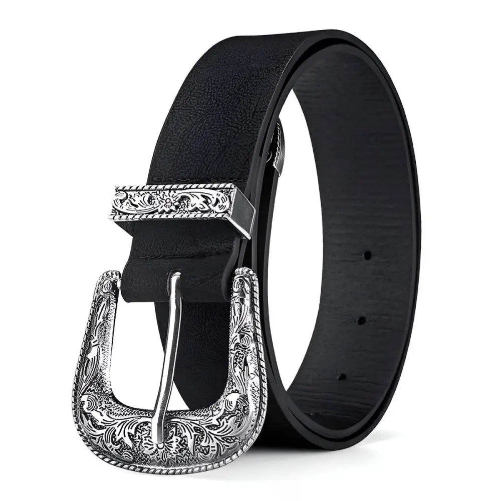 Black leather belt with ornate silver buckle for stylish gentlemen’s fashion