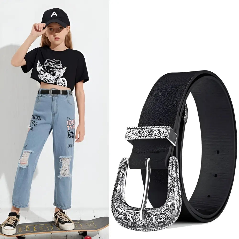 Black leather belt featuring an ornate silver buckle for a stylish accessory look