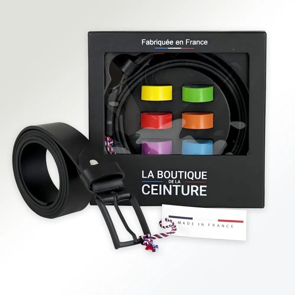 Black leather belt with colorful buckle inserts and a metal buckle featuring red accents