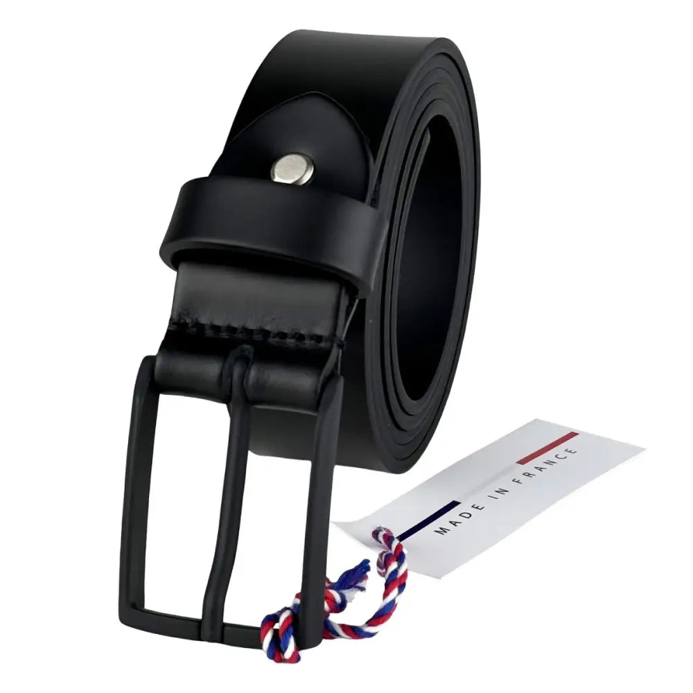 Black leather belt with red accent and metal buckle displayed on product page
