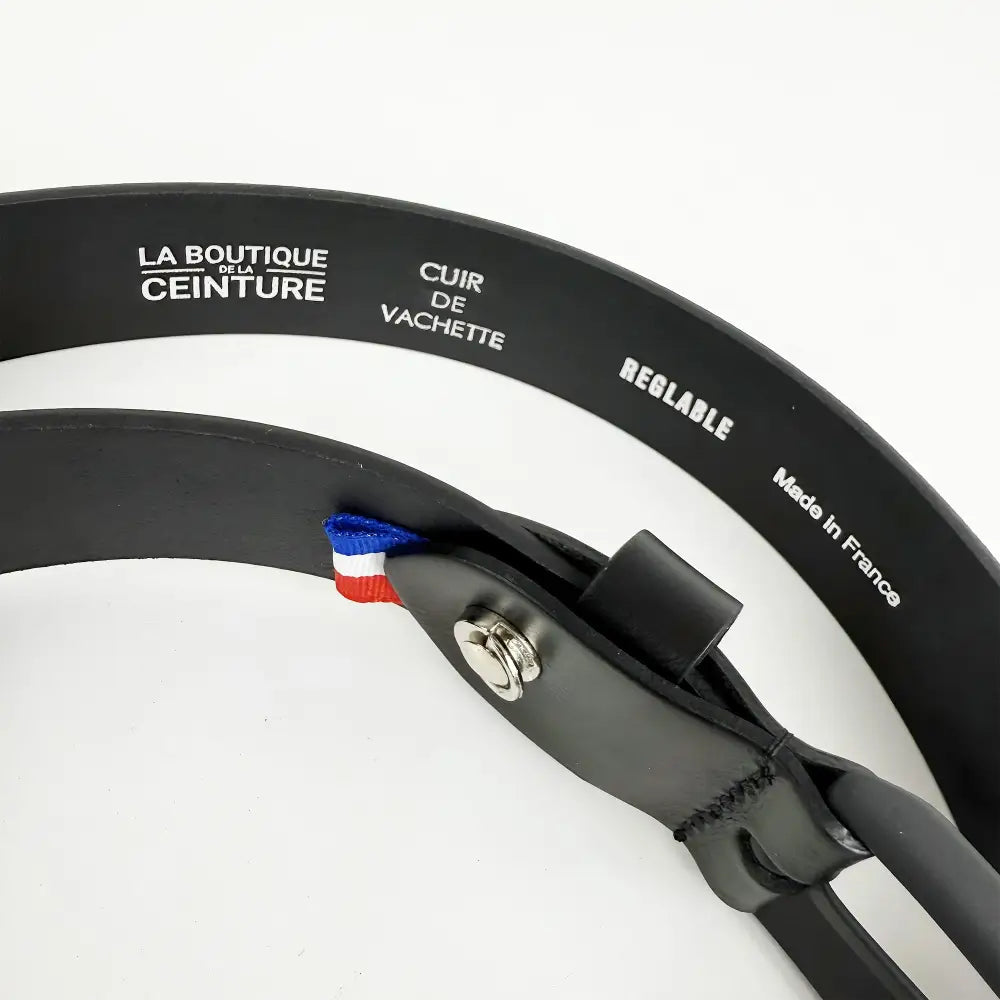Black leather belt with French flag detail, red accent, and metal buckle for stylish wear