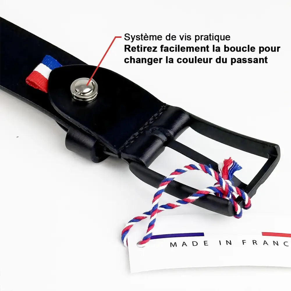 Black leather belt with metal buckle featuring French flag detail and red accent