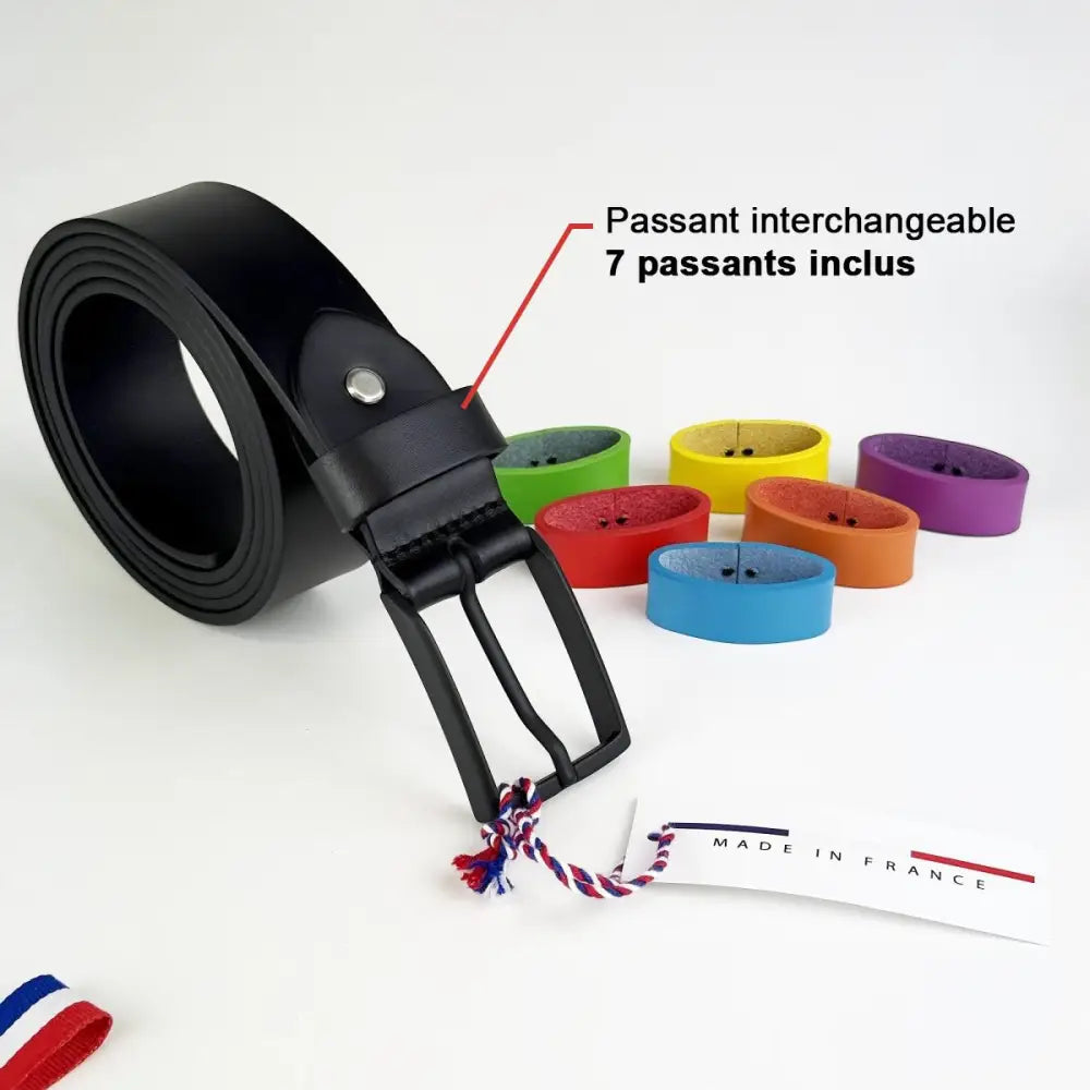 Black leather belt with colorful interchangeable loops and metal buckle for versatile style