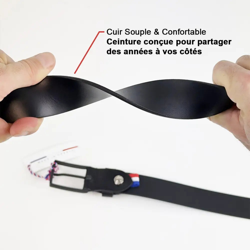 Flexible black leather belt with red accent and metal buckle for stylish wear