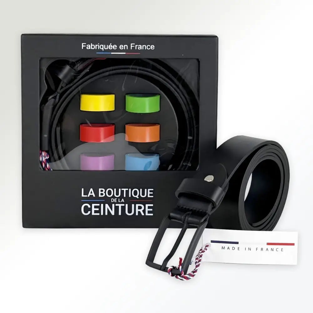 Black leather belt with red accent and metal buckle displayed in the product image