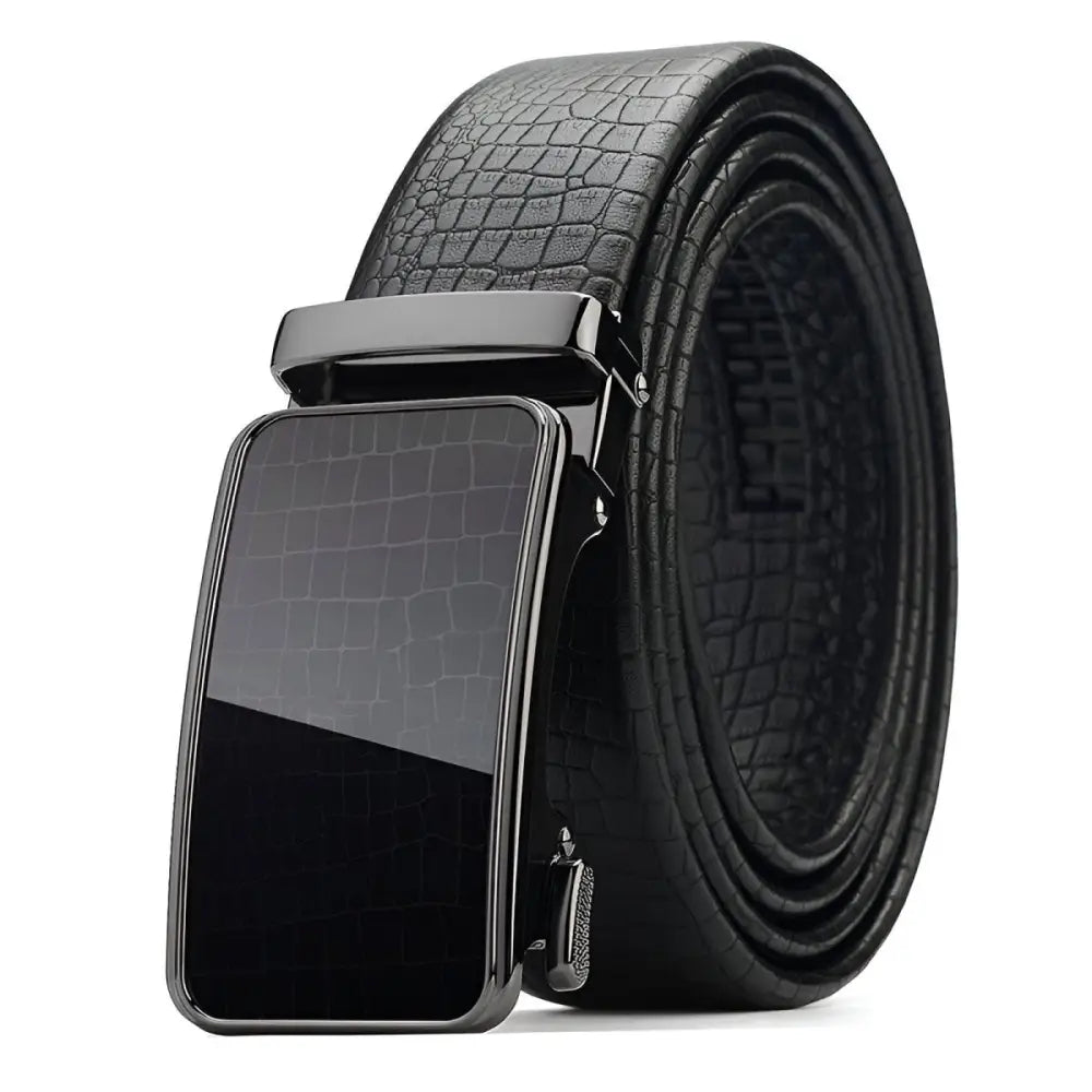 Black leather belt with silver automatic buckle for men’s fashion and accessories