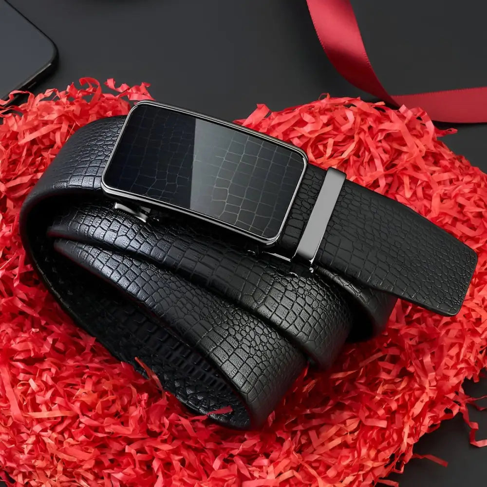 Black leather belt with textured pattern and silver automatic buckle for men’s fashion