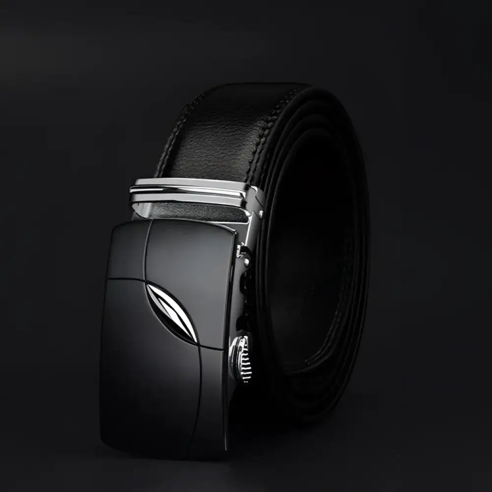 Black leather belt featuring a silver buckle for a stylish and durable accessory