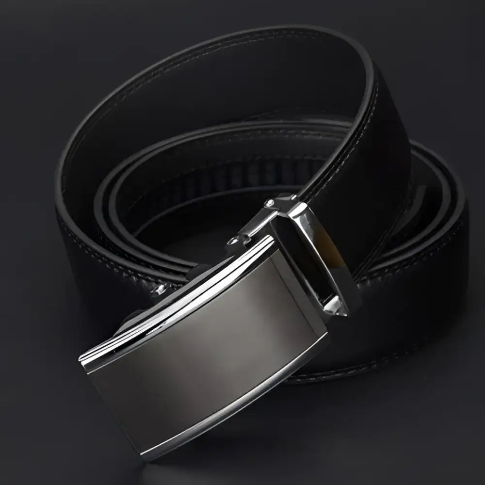 Black leather belt with a silver buckle displayed in the product Black Leather Belt with Silver Buckle