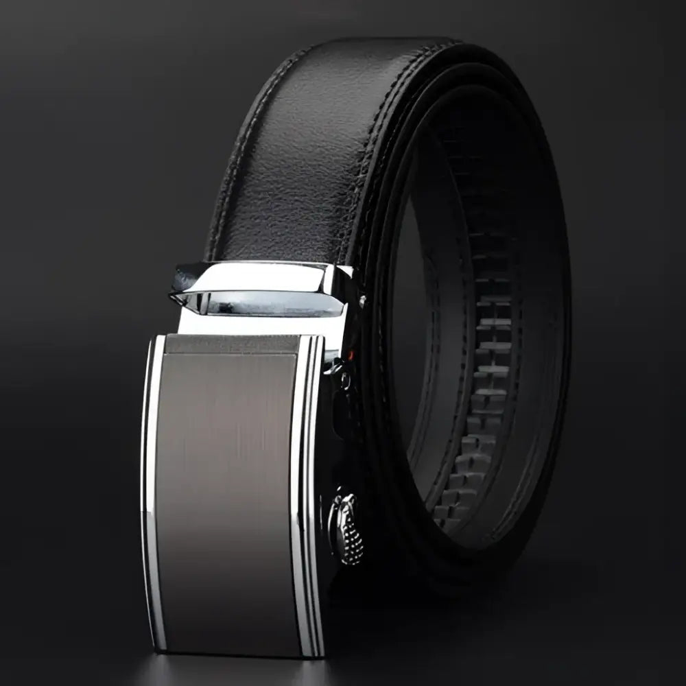 Black leather belt with a silver buckle displayed in the product Black Leather Belt with Silver Buckle