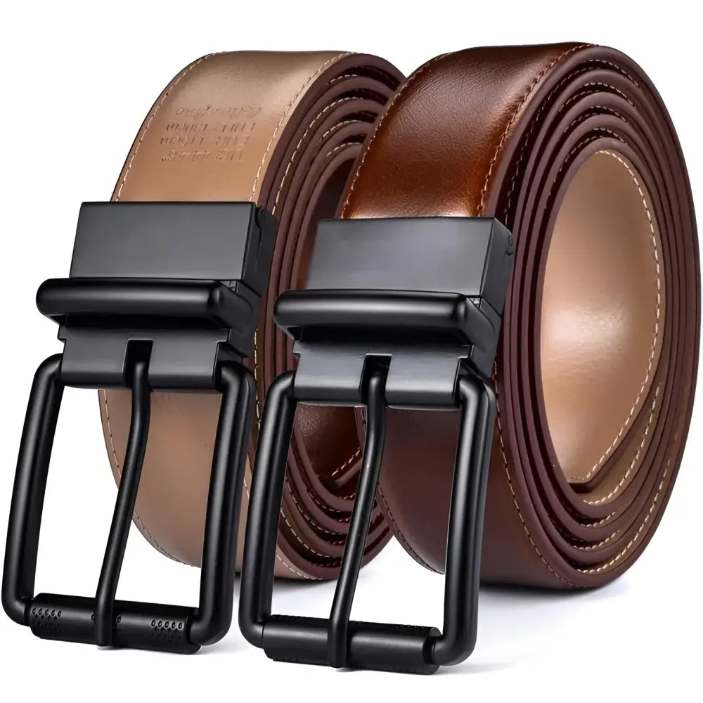 Black leather belt with square metal buckle for reversible wear, showcasing reversible leather craftsmanship