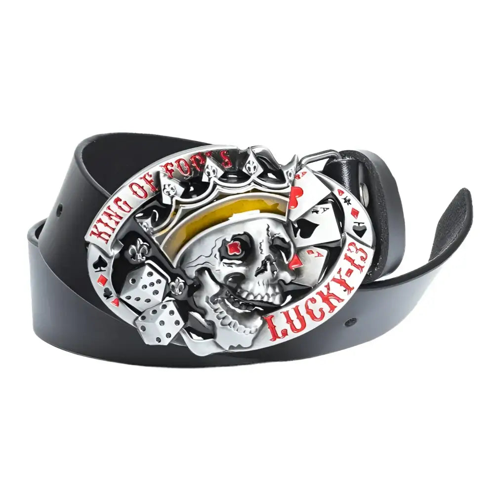 Black leather skull head belt with bowed skull buckles for a bold fashion statement