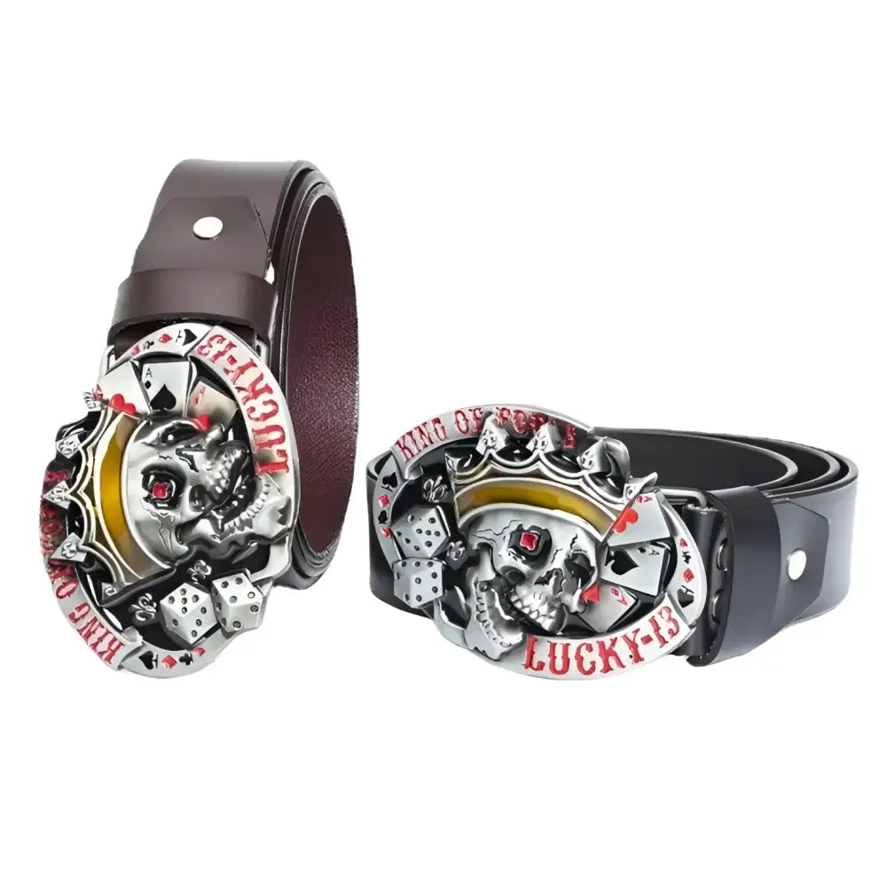 Black Leather Skull Head Belt with Bowed Skull Buckles showcasing skull head belt design