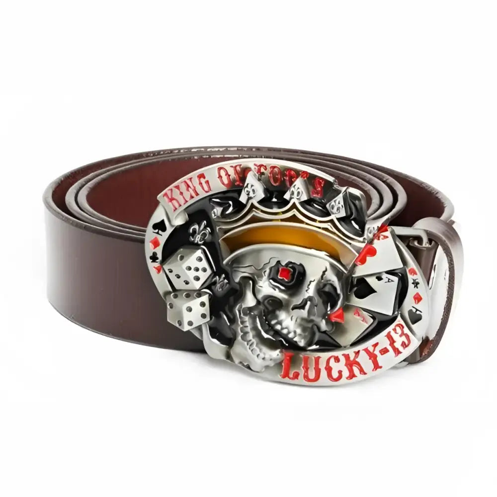 Brown leather skull head belt with bowed skull buckles for a stylish head belt accessory