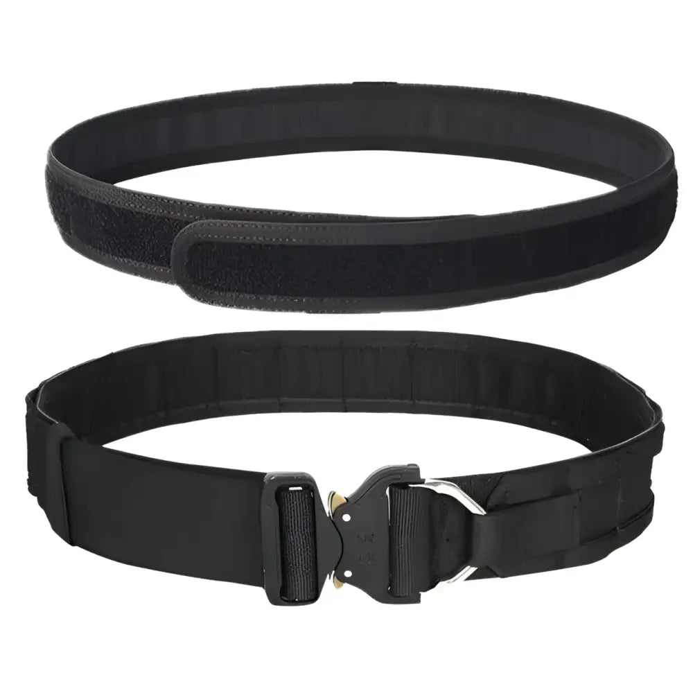 Two black Molle 6-Piece Grimkel Tactical Belts shown with the 6-Piece Grimkel Tactical Fanny Pack
