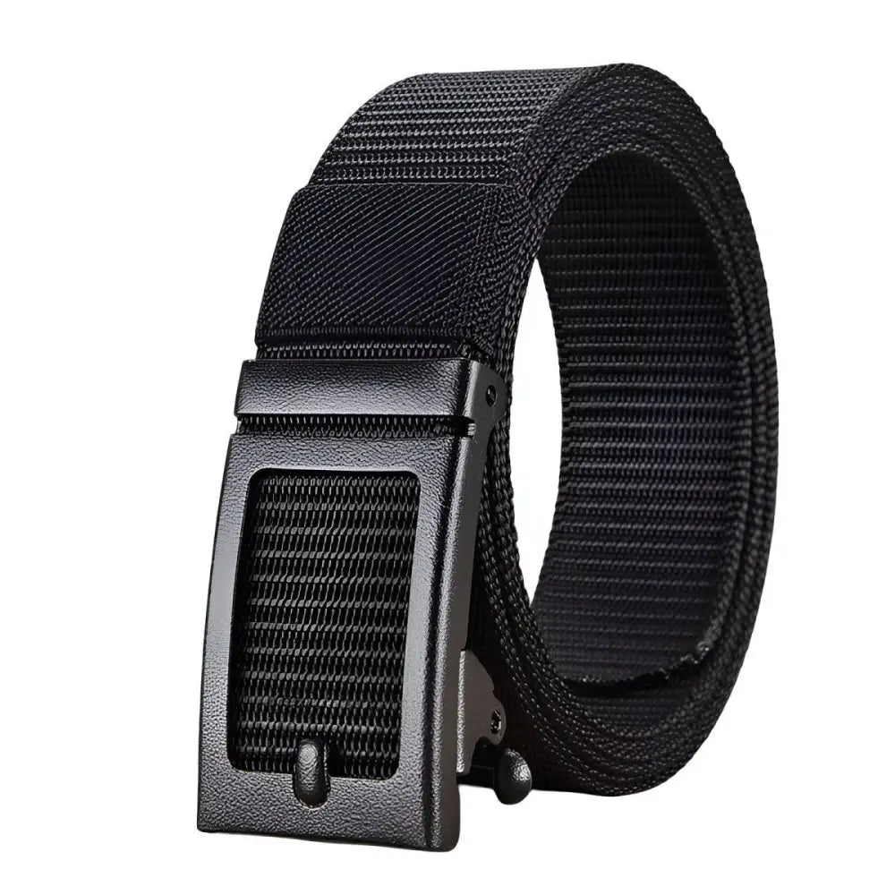 Black nylon ratchet belt featuring a durable metal buckle for secure fastening