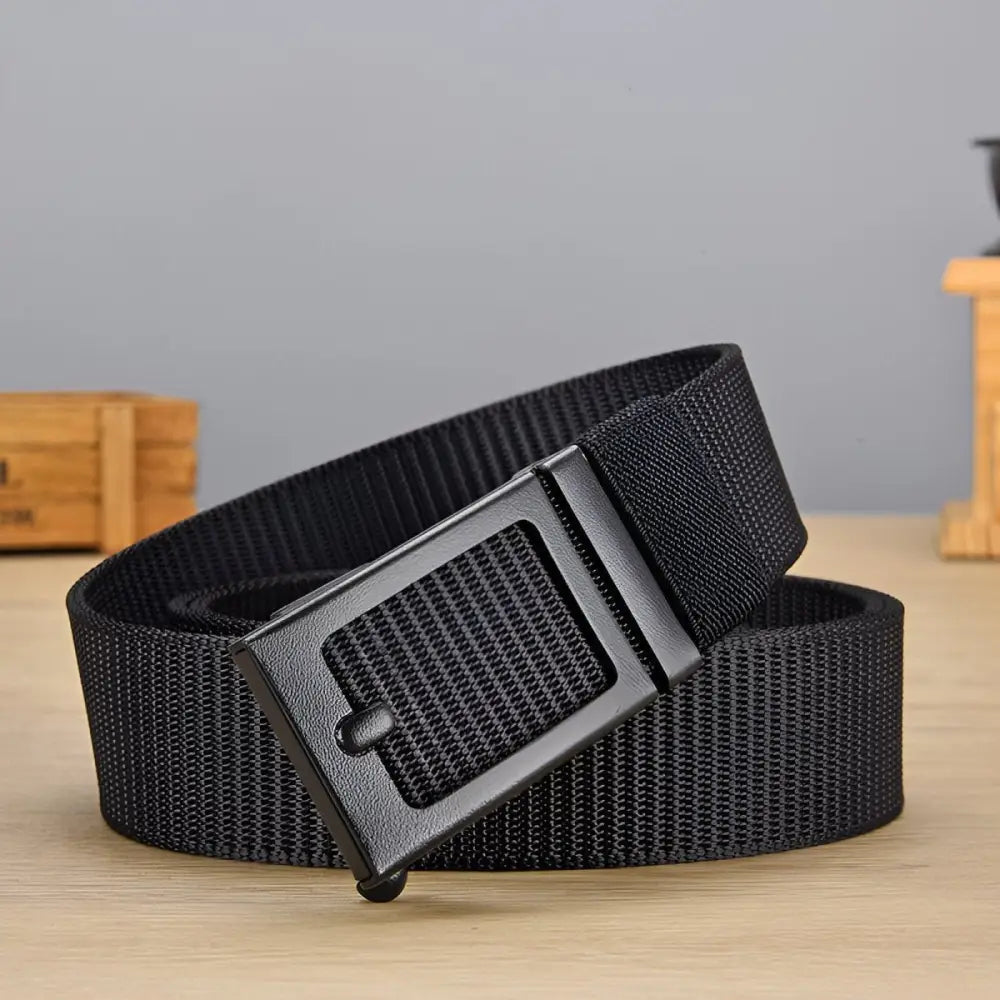 Black nylon web belt with metal buckle for durable and stylish accessory wear