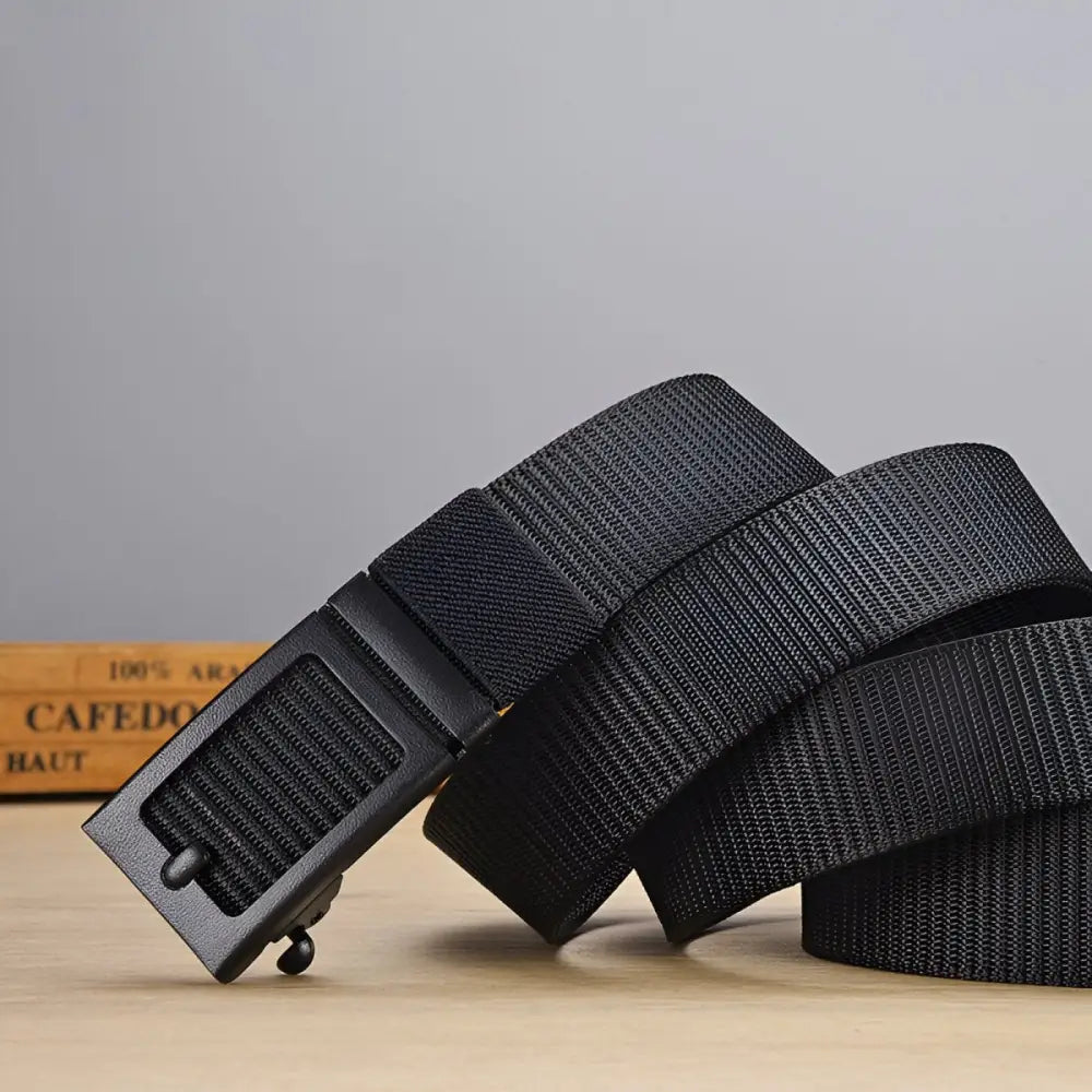 Black nylon web belt with automatic metal buckle for modern, secure fastening