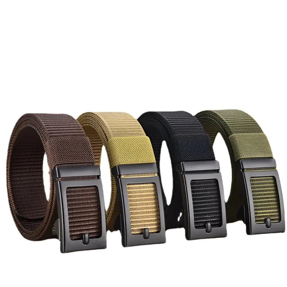 Black nylon web belts with metal buckles displayed in the product image