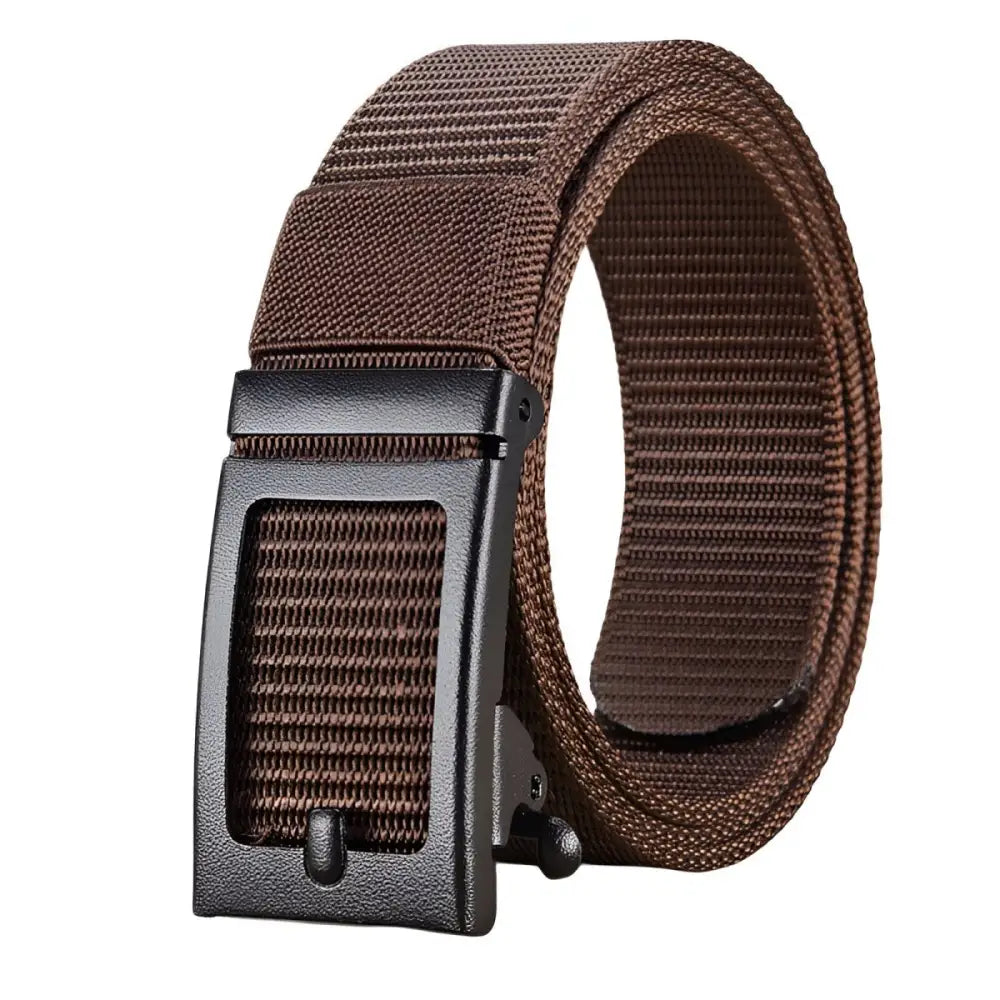 Brown nylon belt with black metal buckle for casual and everyday wear