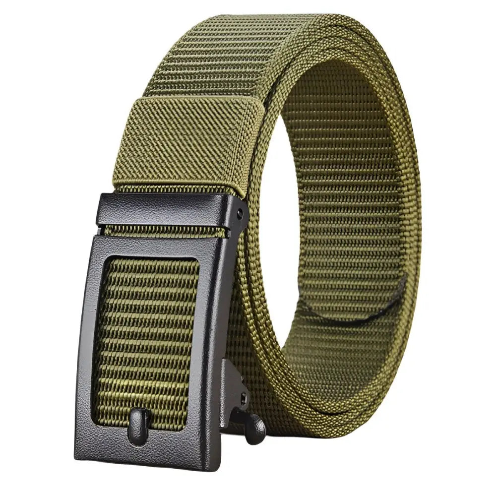 Olive green nylon belt with black metal buckle featured in Black Nylon Web Belt product image