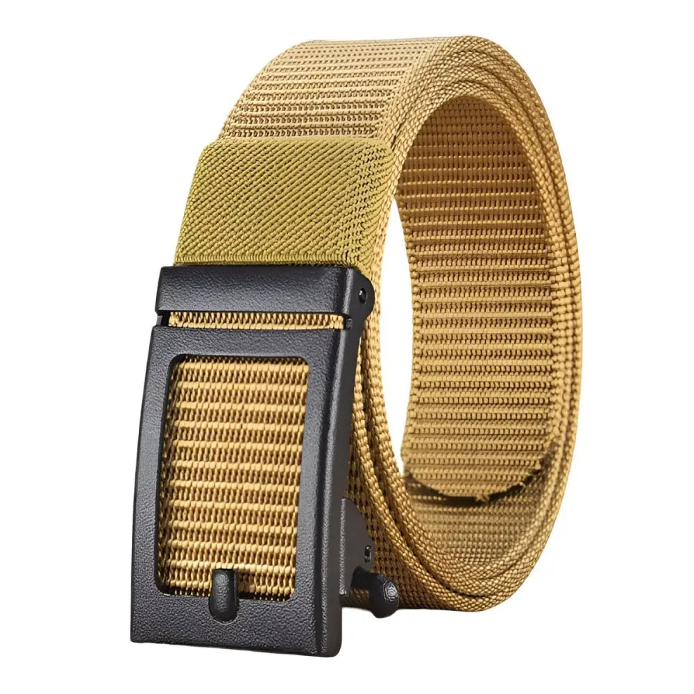 Tan nylon belt with a black metal buckle for durable and stylish wear