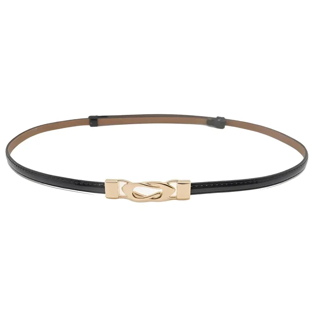 Black patent leather belt with a gold decorative buckle for stylish accessorizing