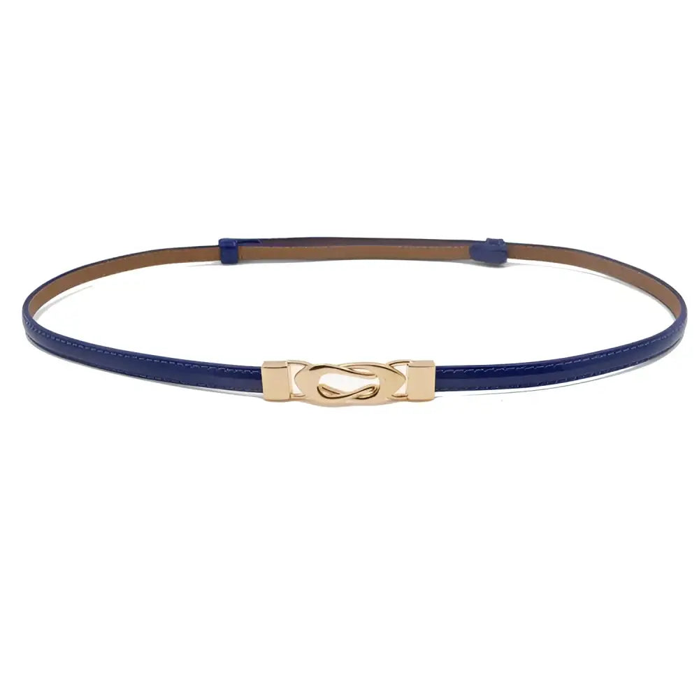 Blue leather belt with a gold decorative buckle displayed on a product named Black Patent Leather Belt with Gold Decorative Buckle