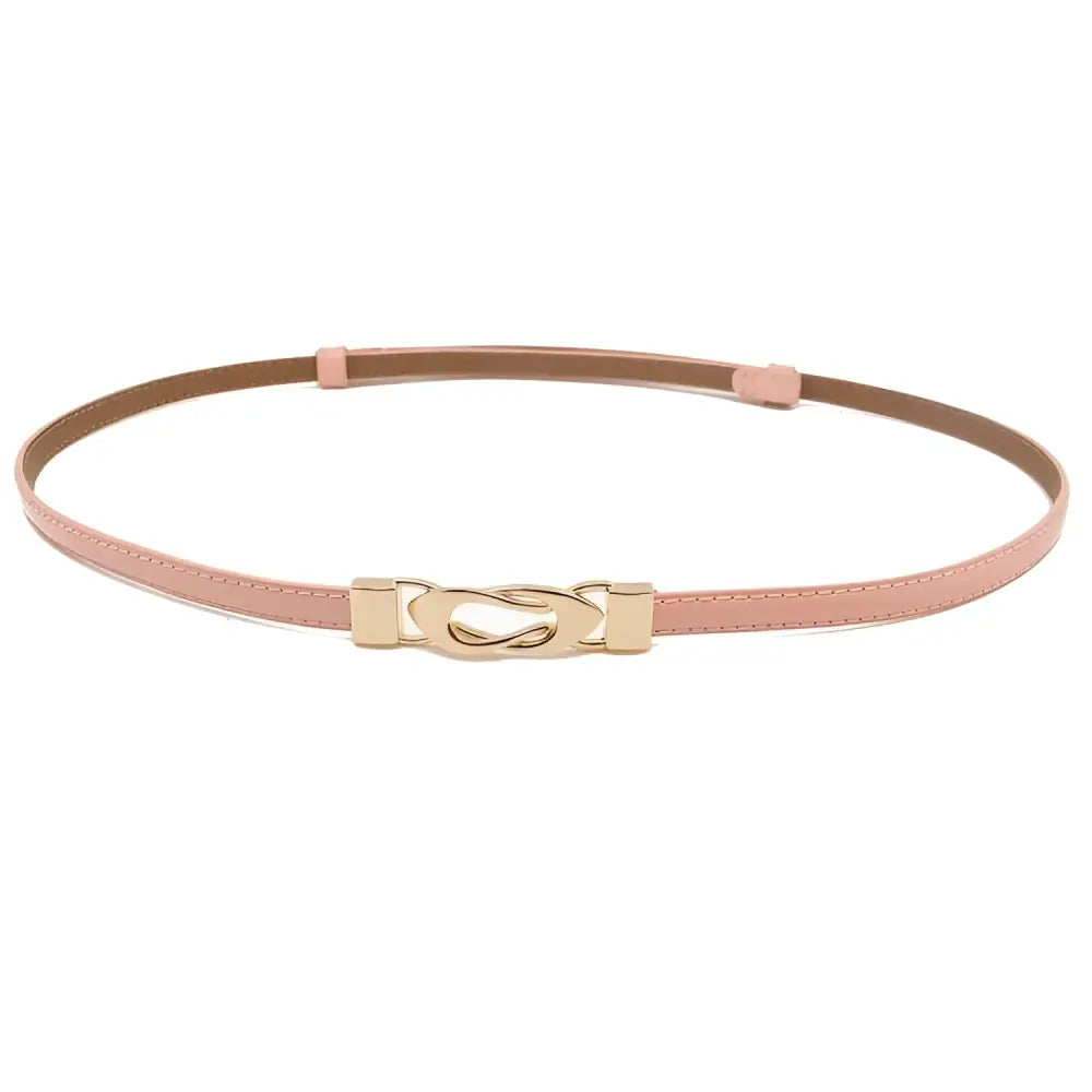 Pink leather belt with gold buckle displayed in Black Patent Leather Belt with Gold Decorative Buckle product image