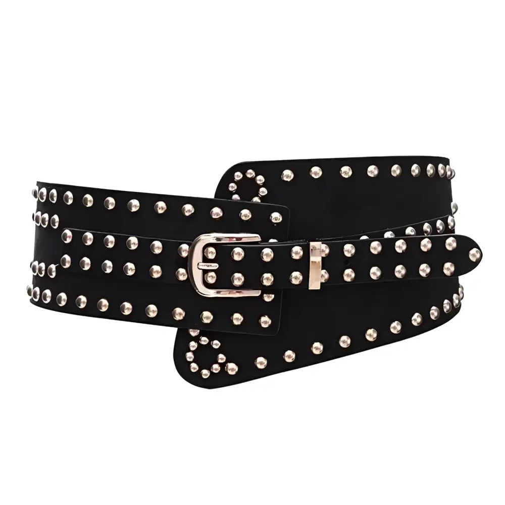 Black studded wide belt with silver buckle for fashion and accessories
