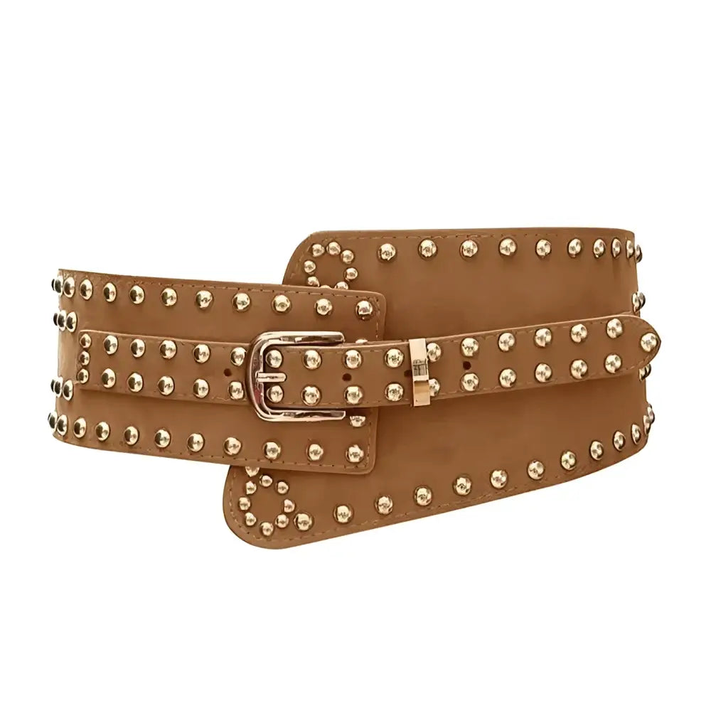 Brown studded waist belt displayed with a Silver buckle on the Black Studded Wide Belt product