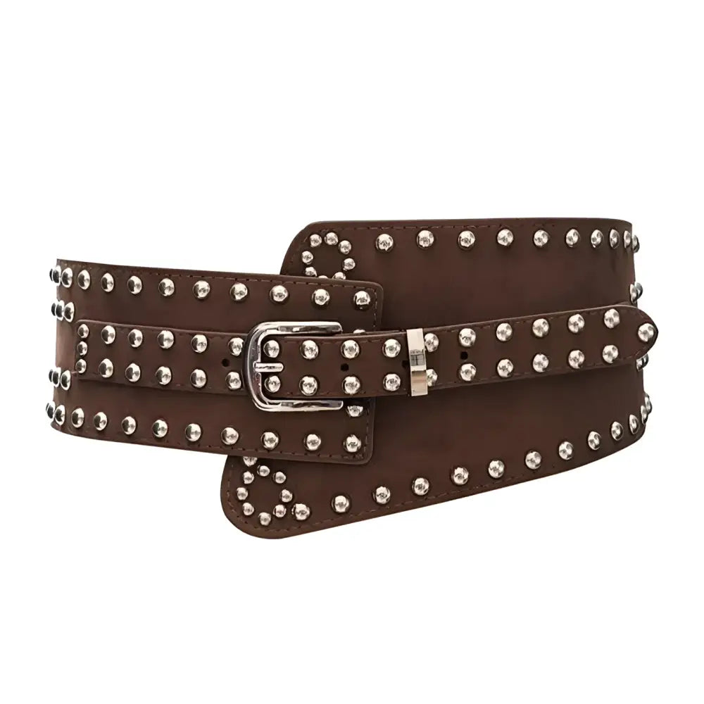Brown studded leather belt with a width suitable for the Black Studded Wide Belt with Silver Buckle product