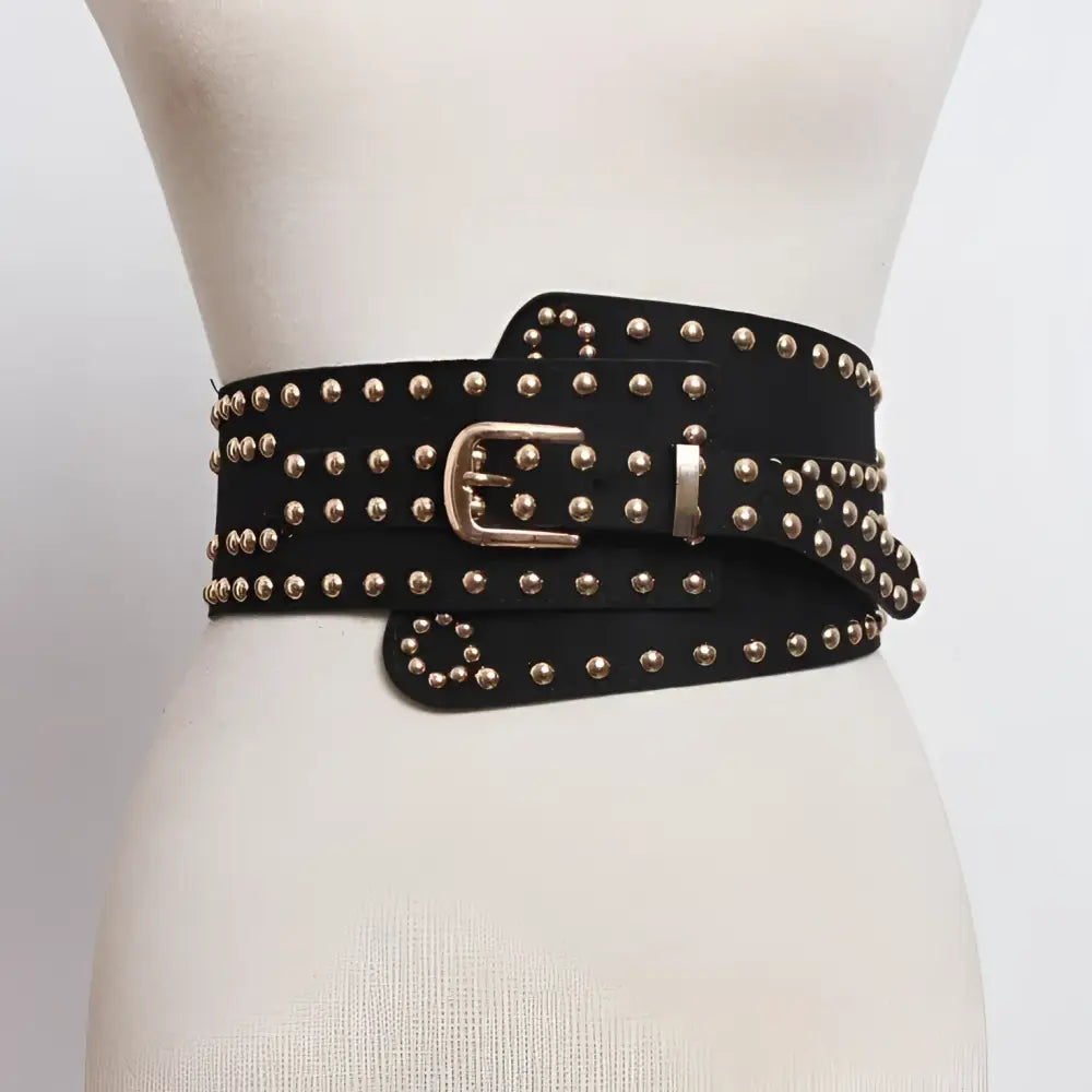 Black studded wide waist belt with silver buckle displayed in product image