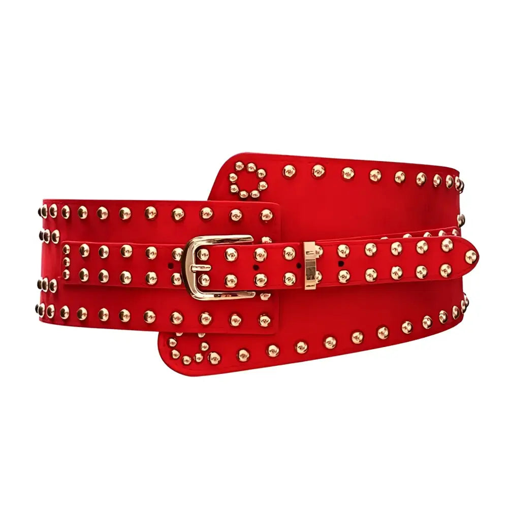 Red studded belt with gold buckle displayed on Black Studded Wide Belt with Silver Buckle product