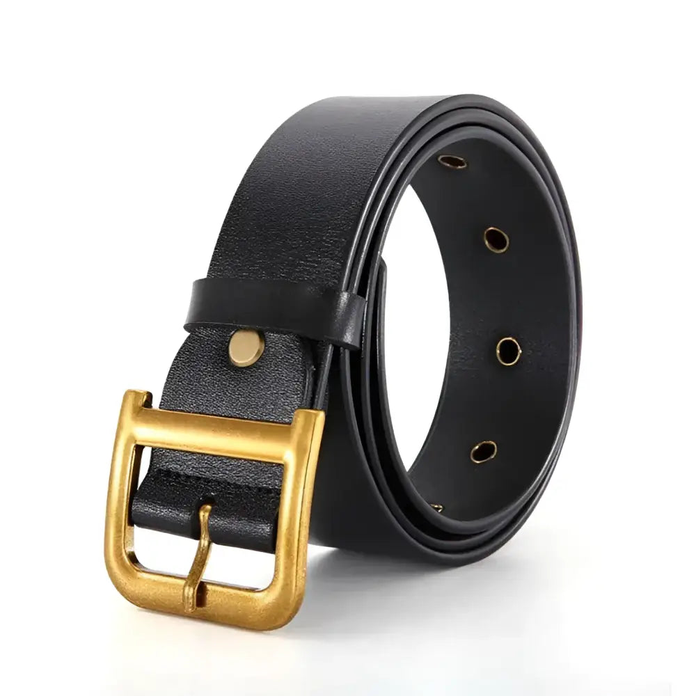 Black leather belt with a gold buckle showcased on Black Trench Coat with Leather Belt and Gold Buckle