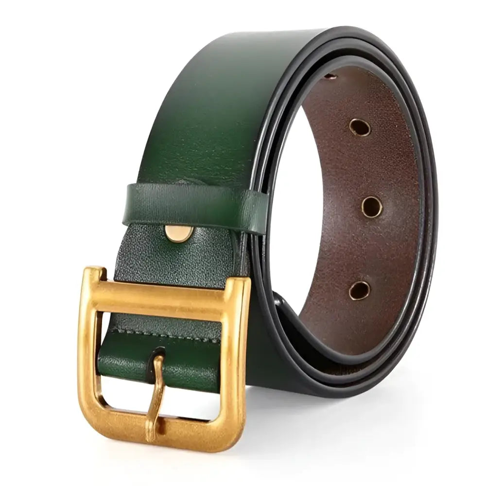Green leather belt with gold buckle featured with Black Trench Coat with Leather Belt and Gold Buckle