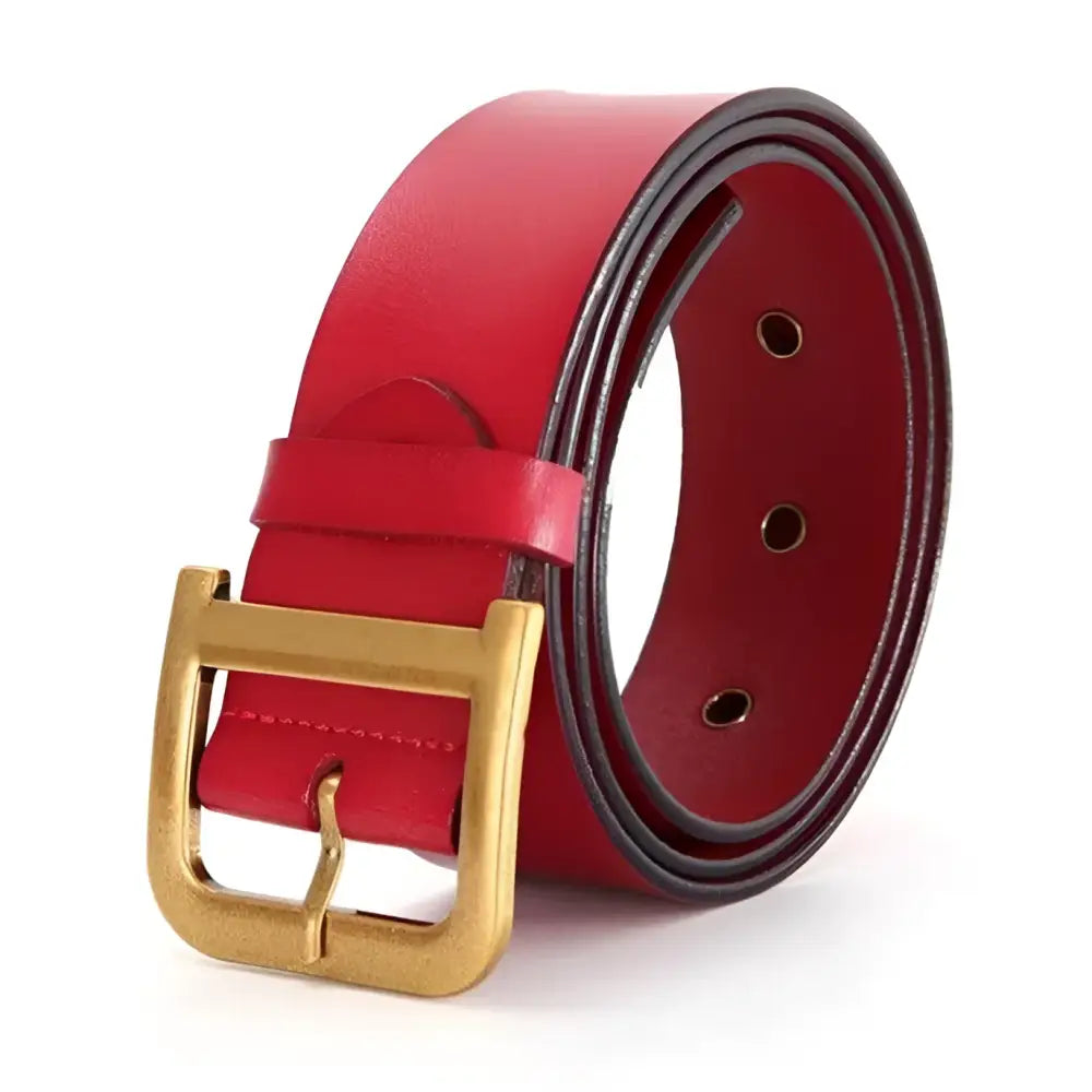 Red leather belt with gold buckle featured on Black Trench Coat with Leather Belt and Gold Buckle