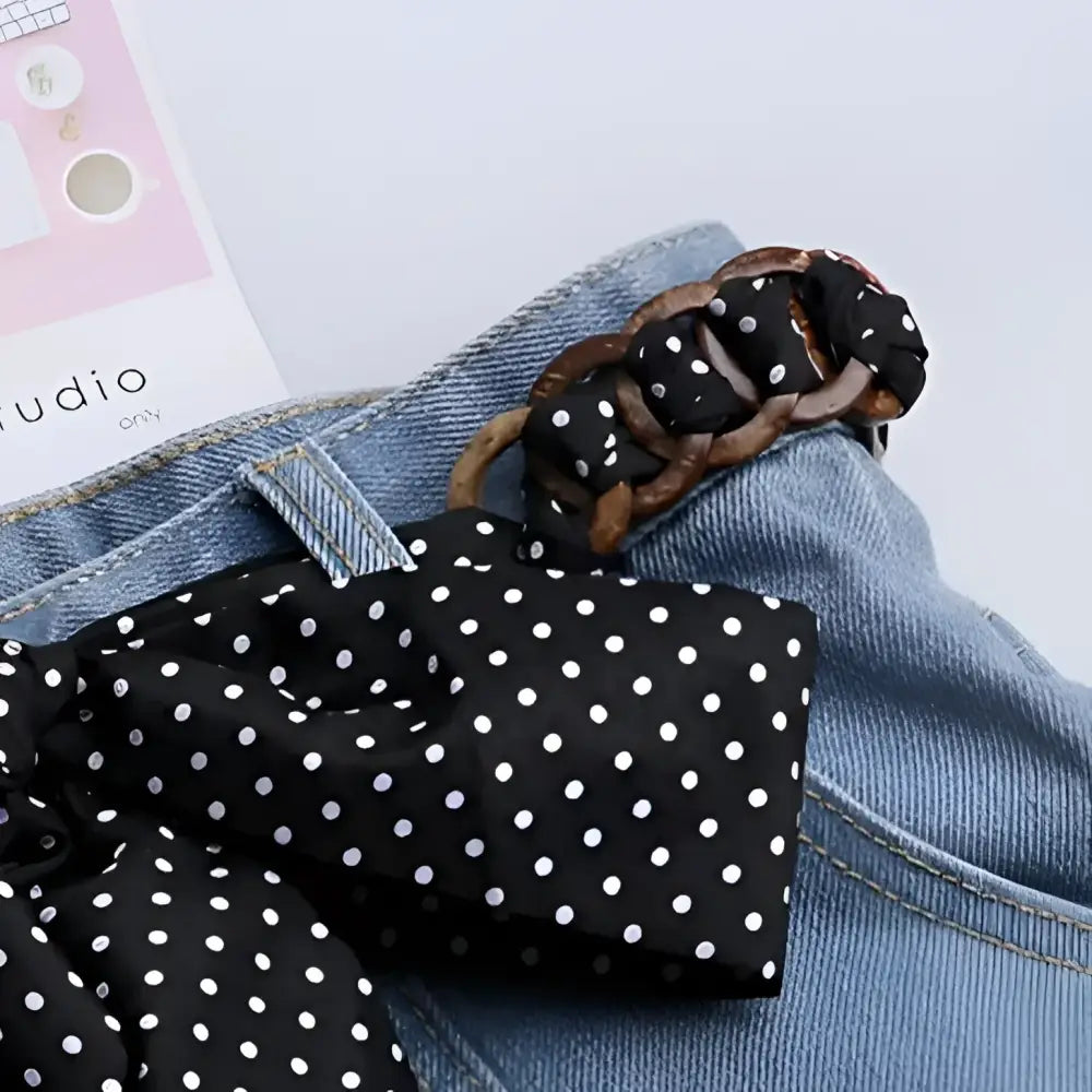 Blue denim shorts with Lisbeth scarf belt featuring polka dot design and jeans